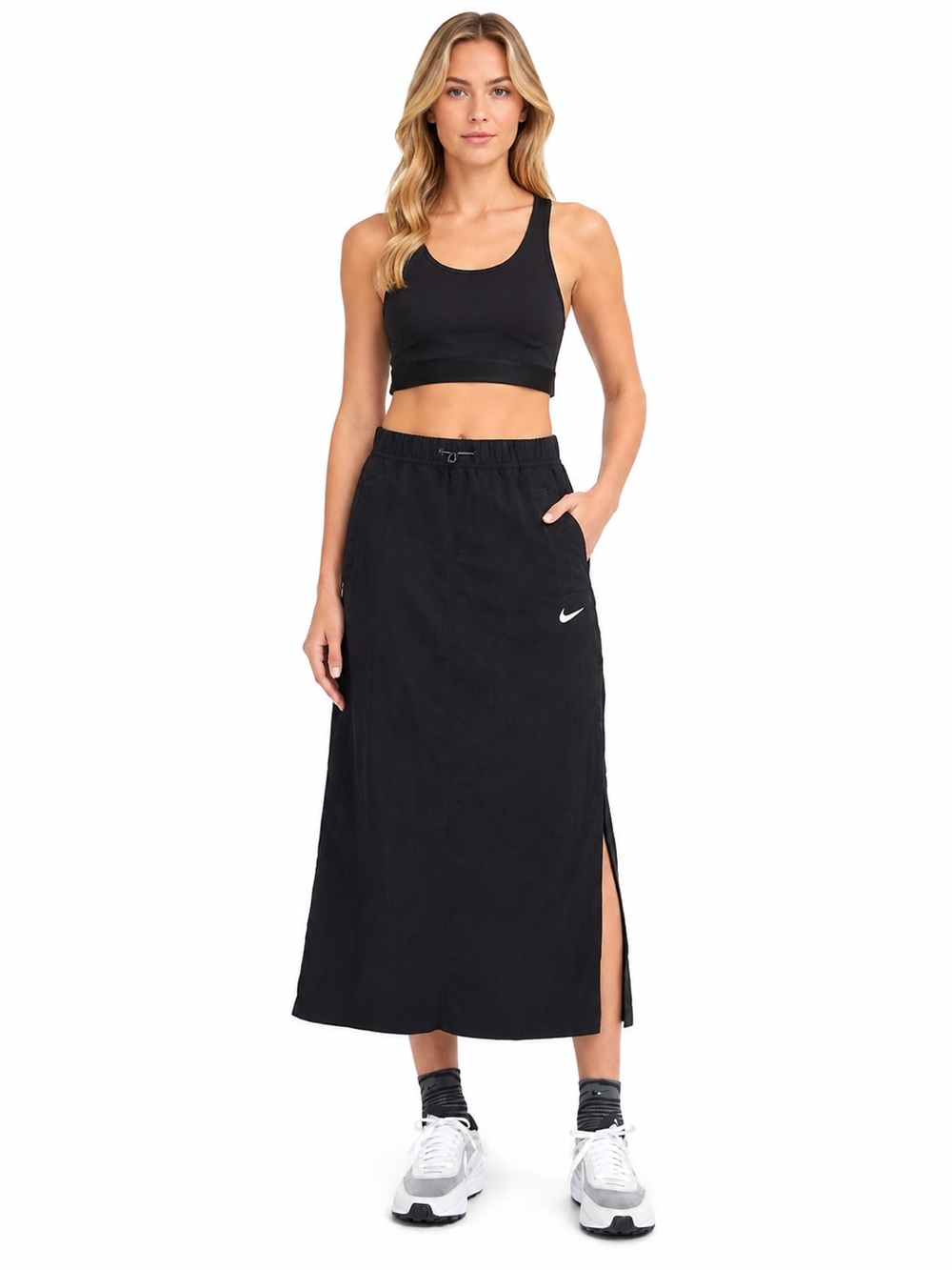 Nike Essential High Waisted Woven Midi Skirt In Black Size XL Sporty Athletic